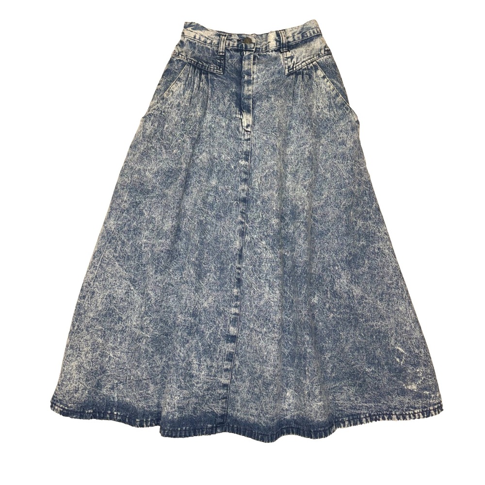 VTG 1980s Kayo Cali Acid Wash High Waisted Denim Blue Skirt Made in USA Size 5
